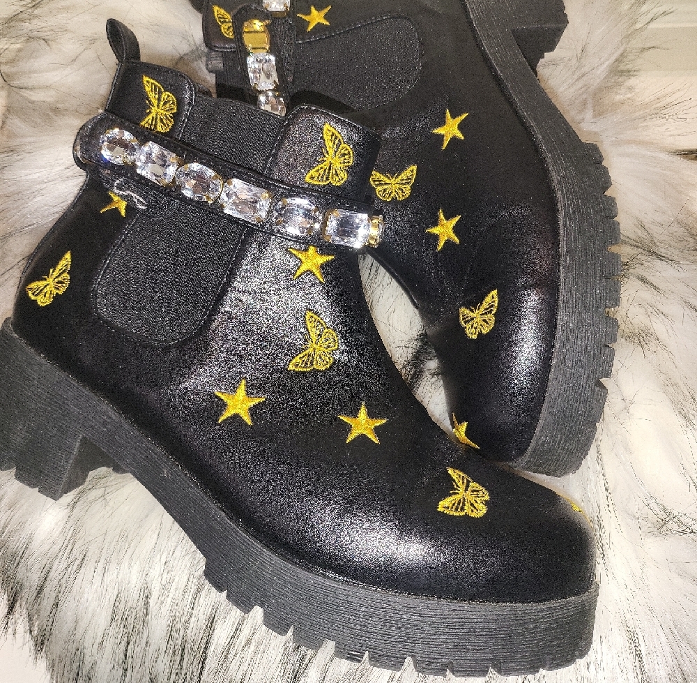 Black Boots with Yellow Star and Butterfly Design